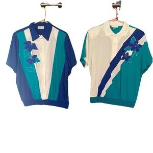 2 Vintage 80’s Alfred Dunner Tops Shirts Women’s 16 XL Floral Button Teal Blue